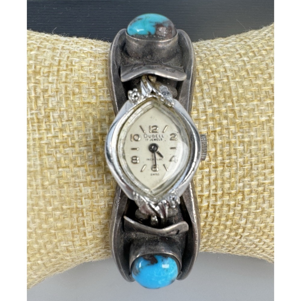 Navajo Bisbee Turquoise Silver Watch Cuff Dubell Swiss 17J 1960s-1970s 6 1/4"